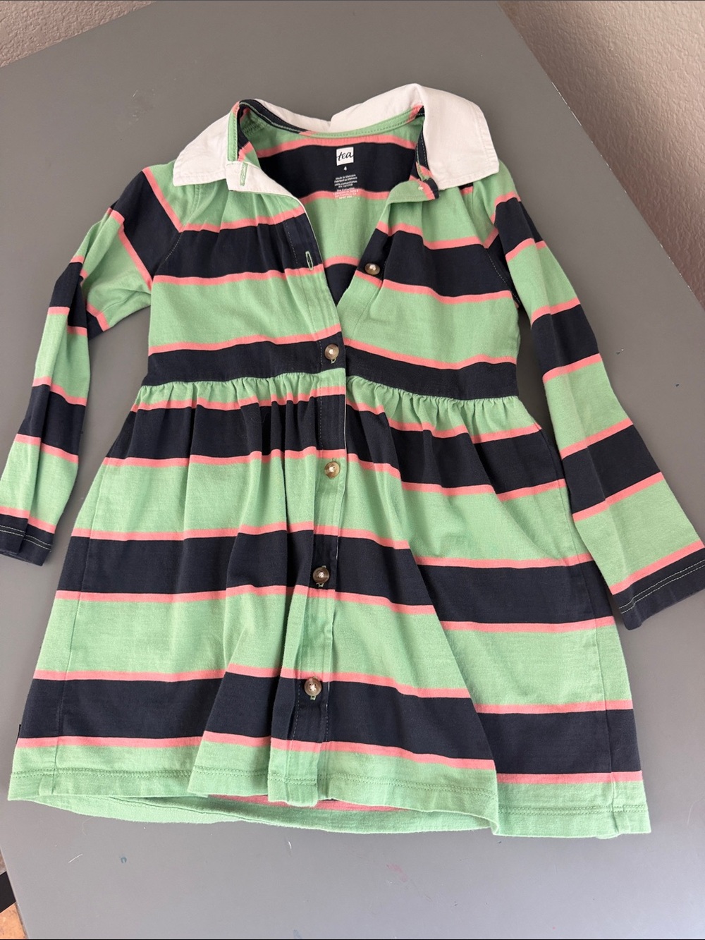 Tea Collection Green Navy Pink Striped Button-Front Dress